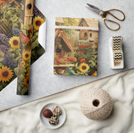 Papel De Presente Jardim de Girassóis Casas de Pássaros