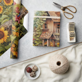 Papel De Presente Jardim de Girassóis Casas de Pássaros