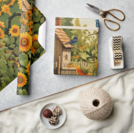 Papel De Presente Jardim de Girassóis Casas de Pássaros