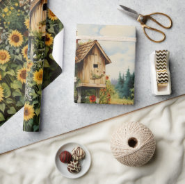 Papel De Presente Jardim de Girassóis Casas de Pássaros