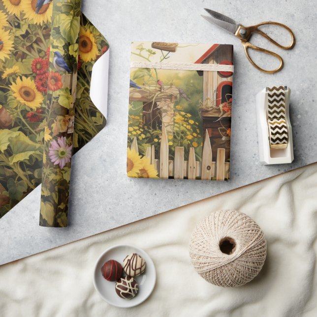 Papel De Presente Jardim de Girassóis Casas de Pássaros (Artesanato)