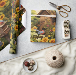 Papel De Presente Jardim de Girassóis Casas de Pássaros