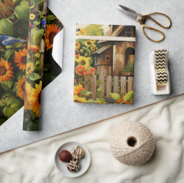 Papel De Presente Jardim de Girassóis Casas de Pássaros