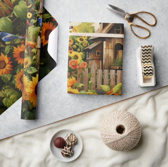 Papel De Presente Jardim de Girassóis Casas de Pássaros (Artesanato)