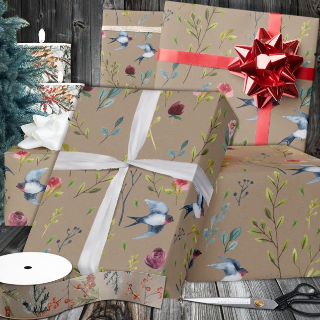 Papel De Presente Jardim de inverno Rustic Kraft Purple Martins Bird (Rustic Kraft Purple Martins Birds Winter Garden Wrapping in 6 and 15 foot long 30 Inch Width Rolls
)