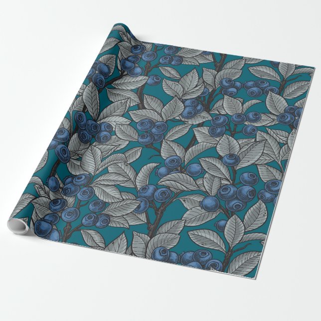 Papel De Presente Jardim de mirtilo, azul e cinzas (Desenrolado)