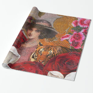 Papel De Presente Jardim de rosas bonito do tigre da mulher
