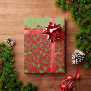 Papel De Presente Jardim de Rosas Vermelhas Vibrantes Padrão Floral