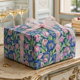 Papel De Presente Jardim de Tulipas da Meia-Noite Floral Rosa e Azul