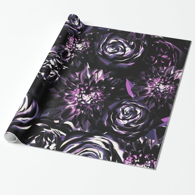 Papel De Presente Jardim Escuro Encantando Flores de Glamour Roxo Ca (Desenrolado)