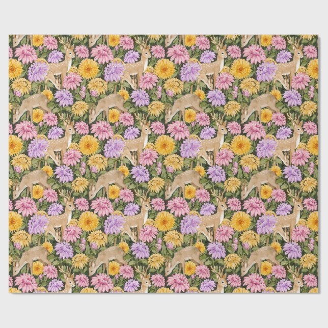 Papel De Presente Jardim Exuberante de Dálias com Veados - Florais d (Aberto)