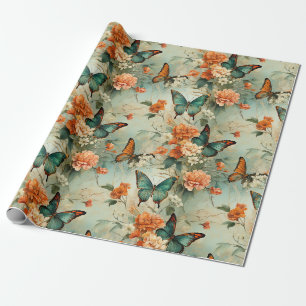 Papel De Presente Jardim Floral Borboleta Azul Vintage Laranja