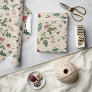 Papel De Presente Jardim Floral Botânico de Rosas Antigas
