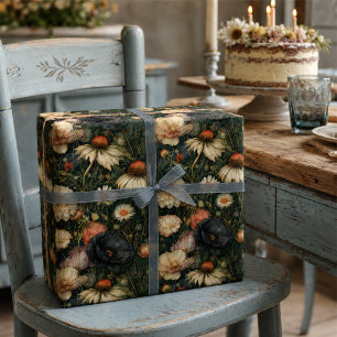 Papel De Presente Jardim Floral de Flores Silvestres Vintage Escuro