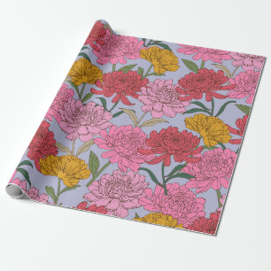 Papel De Presente Jardim Floral Moderno em Rosa Lavanda e Dourado