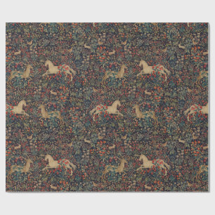 Papel De Presente Jardim Floral Unicórnio Medieval de Meia-Noite