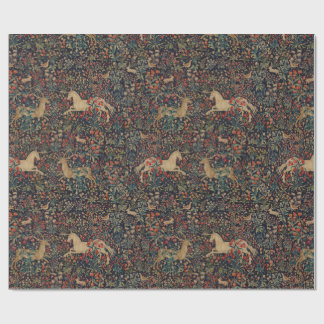 Papel De Presente Jardim Floral Unicórnio Medieval de Meia-Noite