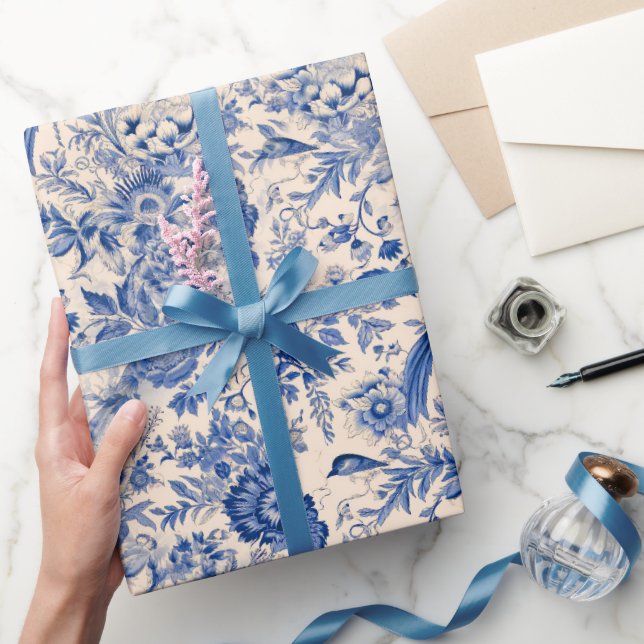 Papel De Presente Jardim Francês Toile de Jouy Blue (Presentear)