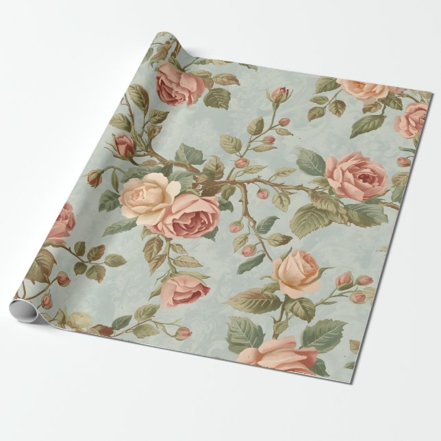 Papel De Presente Jardim Romântico de Rosas Antigas (Desenrolado)