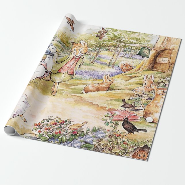 Papel De Presente Jemima Puddle Duck caminhando com o Sr. Fox (Desenrolado)