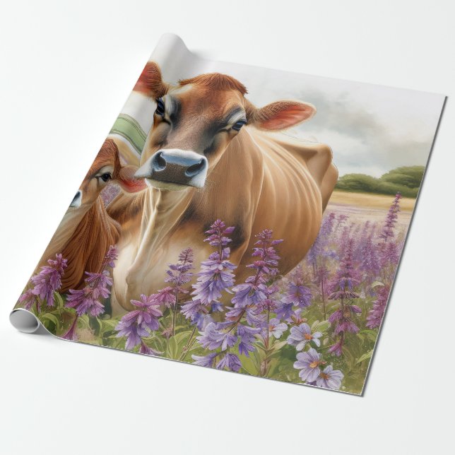 Papel De Presente Jersey Cow e Calf Wildflower Decoupage (Desenrolado)