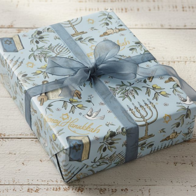 Papel De Presente Jewish Happy Hanukkah Menorah & Olive Branches (Elegant Blue Menorah, Star of David, Dreidel & Olives Wrapping Paper for Jewish Holiday Hanukkah)