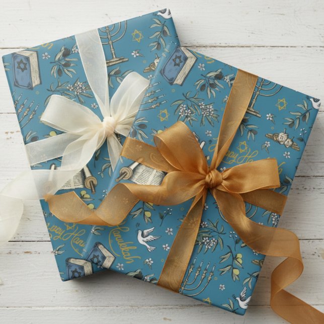 Papel De Presente Jewish Happy Hanukkah Menorah & Olive Branches (Judaism Religion Hanukkah BlueWrapping Paper. Menorah, Star of David, Dreidel, Torah, Dove, Olives)