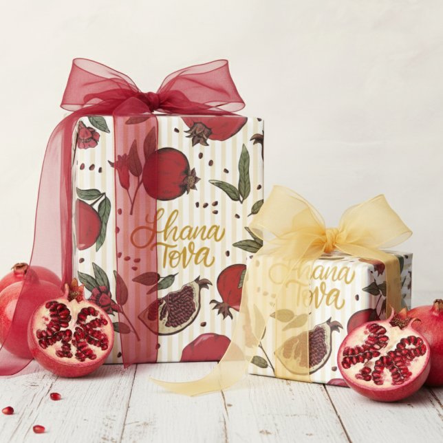 Papel De Presente Jewish Striped Yellow Shanah Tovah Pomegranate  (Shana Tova Jewish New Year Rosh Hashanah Wrapping Paper. Red Pomegranate Fruit Butter Yellow Stripes)