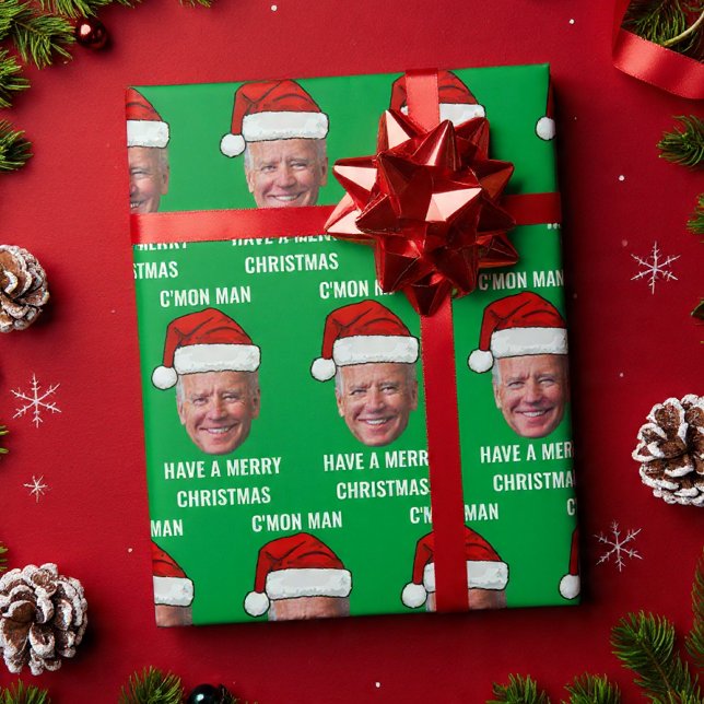 Papel De Presente Joe Biden Santa Hat C'mon Man Green Christmas (Criador carregado)