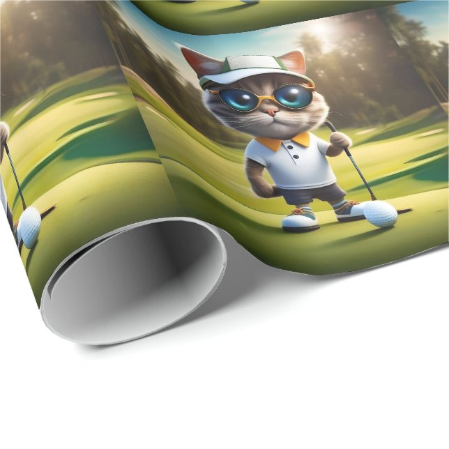Papel De Presente Jogador De Golfe De Gato Animado Engraçado, (Ponta do rolo)