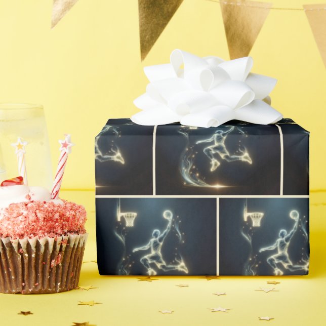 Papel De Presente Jogador Neon Basletball Dourado com trilhos leves (Festa de aniversário)