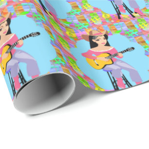 Papel De Presente Jogadora De Guitarra Do País De Cowgirl Sentada