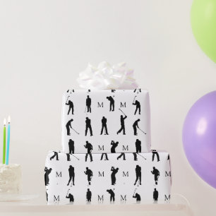 Papel De Presente Jogadores de Golfe Pretos e Brancos Monograma Silh