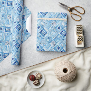 Papel De Presente Joia azul branca com batik quadrado