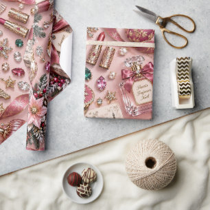 Papel De Presente Joias de Natal Rosa de Borgonha Parisiense