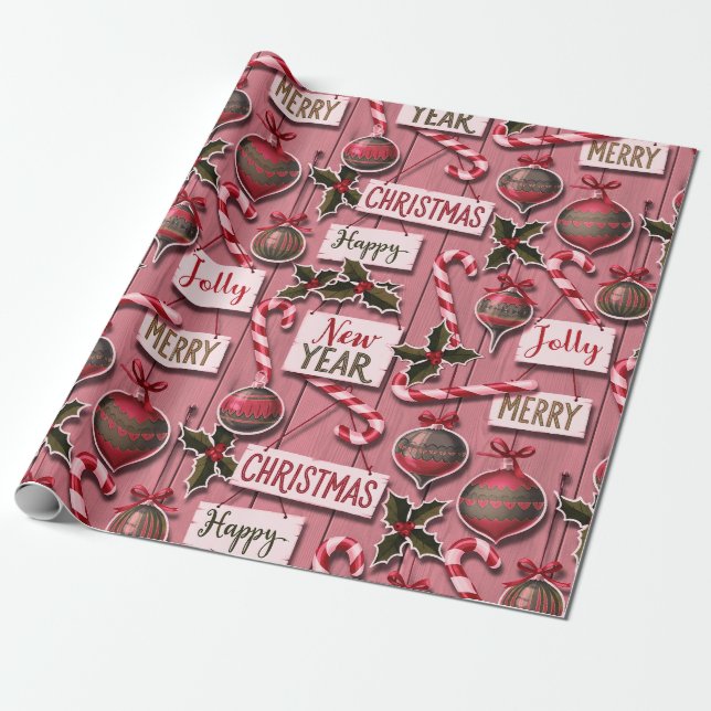 Papel De Presente Jolly Holiday Jumble Rosa (Desenrolado)