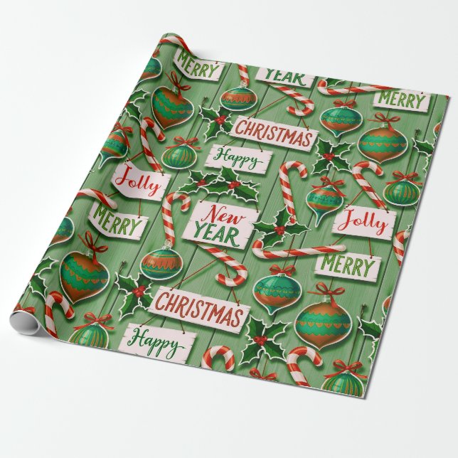 Papel De Presente Jolly Holiday Jumble Verde (Desenrolado)