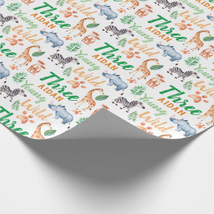Papel De Presente Jovem Selvagem e Três Safari Animal aniversário 