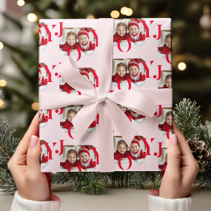 Papel De Presente JOY Foto de Natal Moderno Vermelho e Rosa
