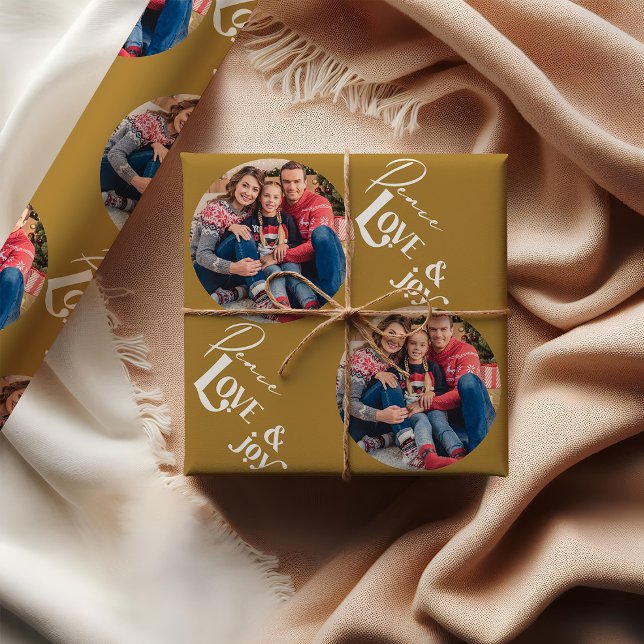 Papel De Presente Joy Joy Round Fotografia Elegante de Paz Dourada (Peace Love & Joy Photo wrapping paper)