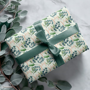 Papel De Presente Joy Script Green Sage Floral Foliage Natal