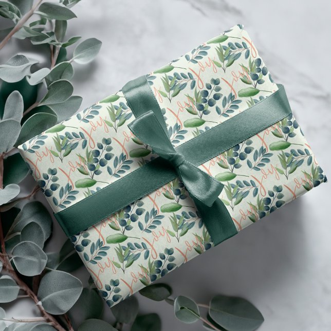 Papel De Presente Joy Script Green Sage Floral Foliage Natal (Joy Script Green Sage Floral Foliage Christmas Wrapping Paper)