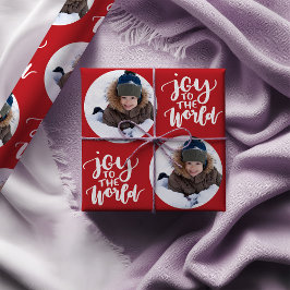 Papel De Presente Joy to the World Calliografia Round Photo Red