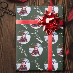 Papel De Presente Joy to the World Script Round Photos Green