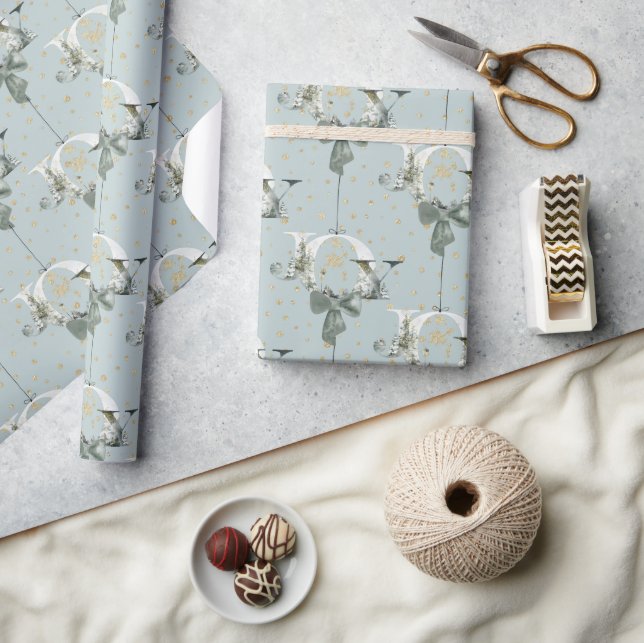 Papel De Presente Joy Winter Forest Font Dourado Snow Ornament Blue (Artesanato)