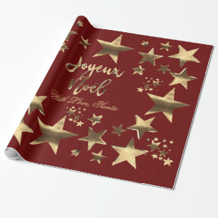 Papel De Presente Joyeux Noël Stars Red Dourado Natal Elegante