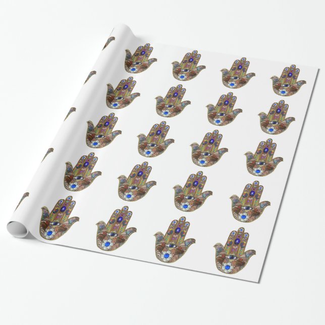 Papel De Presente Judaica Hamsa Hearts Flowers Opal Art Impressão (Desenrolado)