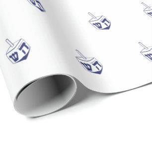 Papel De Presente Judeu Dreidel marinho azul padrão branco Hanukkah