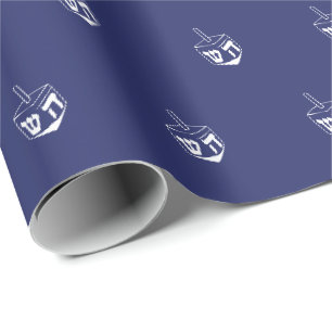 Papel De Presente Judeu Dreidel marinho azul padrão branco Hanukkah