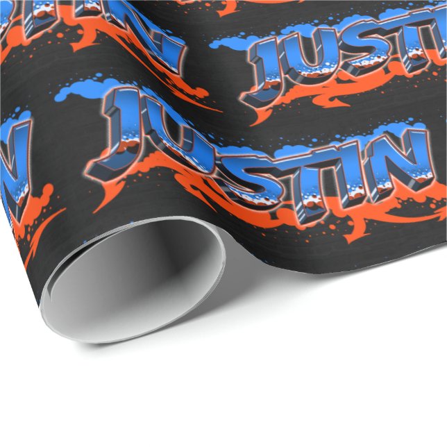 Papel De Presente Justin Vorname Name Graffiti blue orange (Ponta do rolo)
